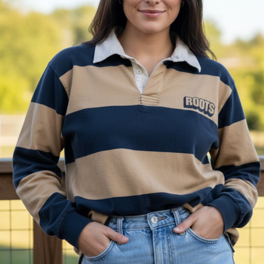 ROOTS 90s Rugby Polo Long Sleeve Large 23.5”